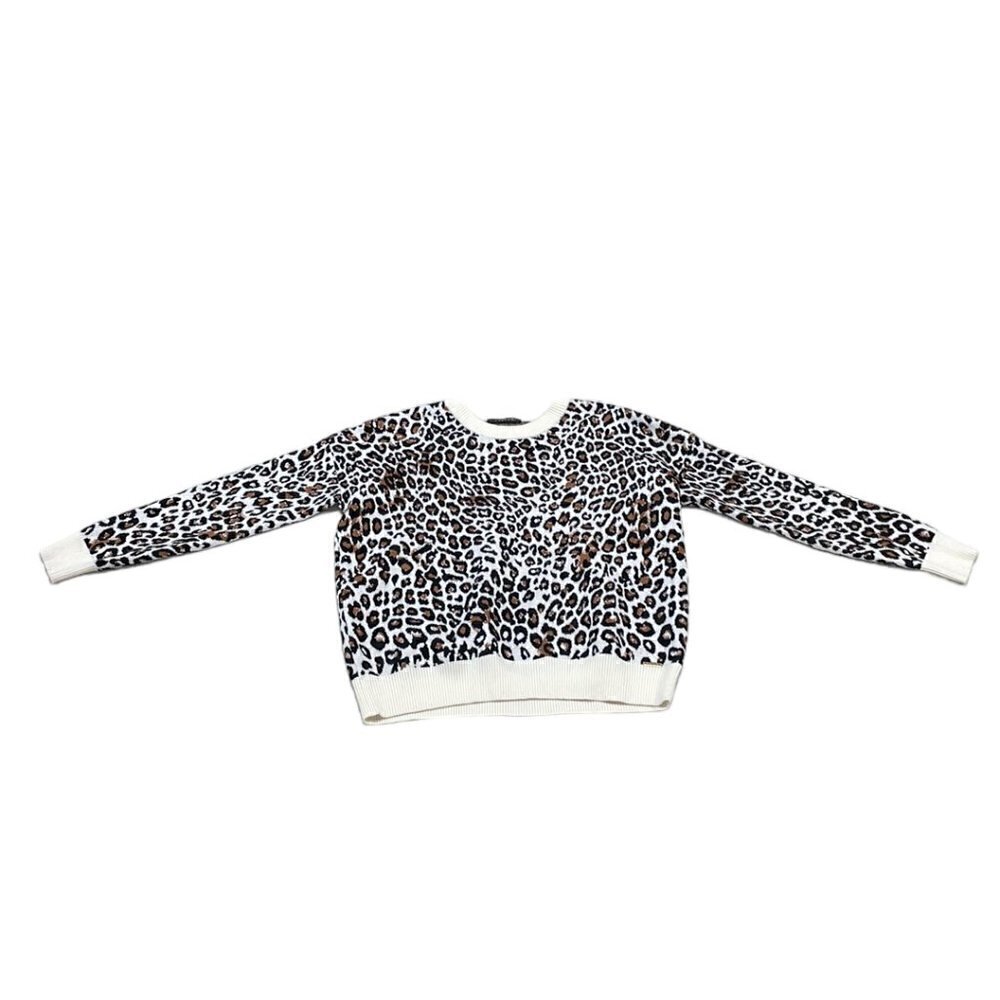 T Tahari Sweater Pullover Cheetah Print Crew Neck Brown Cream Size Small S - Picture 3 of 14